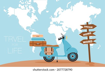 Travel for life. Article illustration for travel and find meaning. Vintage scooter carrying luggage with the sky as a world map. Flat vector