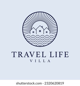 Travel life villa vector logo design. Houses and sun logotype. Real estate logo template.