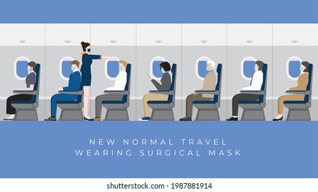 Travel Lifestyle Concept After Pandemic Covid-19 Coronavirus. Passengers And Cabin Crew Air Hostess Wearing Face Masks In The Aircraft's Cabin For Herd Immunity And To Prevent Transmission Of A Virus.