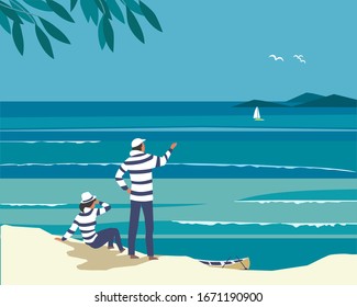 Reise-Lifestyle-Konzept flache Vektorillustration. Reisende Freizeit auf Meeresstrand Cartoon Illustration. Küstenlandschaft mit malerischem Blick auf die Landschaft. Abenteuer Natur Outdoor Touristenplakat Vorlage