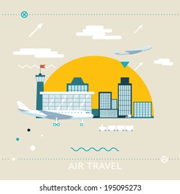 Travel Lifestyle Concept of Planning a Summer Vacation Tourism and Journey Symbol Airplane Airport City Modern Flat Design Icon Template Vector Illustration