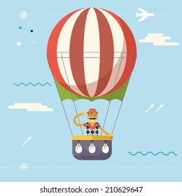 Travel Lifestyle Concept of planning a Summer Vacation Tourism and Journey Symbol Happy Man Geek Hipster Flying Sky Dirigible Balloon Modern Flat Design Icon Template Vector Illustration