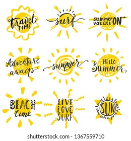 Travel lifestyle motivational phrases. Hand drawn summer vector lettering. Print, poster, t-shirt and other apparel, greeting card template collection. Surf,travel, adventure,beach, sea, vacation.