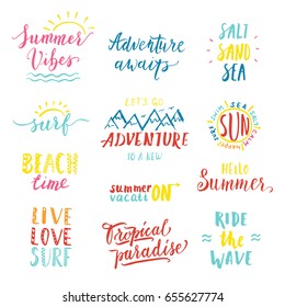 Travel lifestyle motivational phrases set. Hand drawn summer vector lettering. Print, poster, t-shirt and other apparel, greeting card template collection. Surf,travel, adventure,beach, sea, vacation.