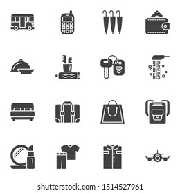 Travel lifestyle vector icons set, modern solid symbol collection, filled style pictogram pack. Signs, logo illustration. Set includes icons as money wallet, luggage case, hiking backpack, airplane