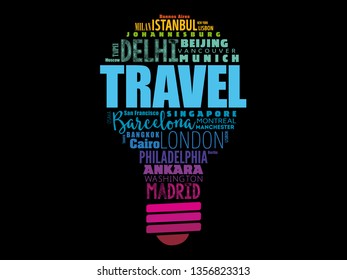 TRAVEL light bulb word cloud made with words cities names, concept background