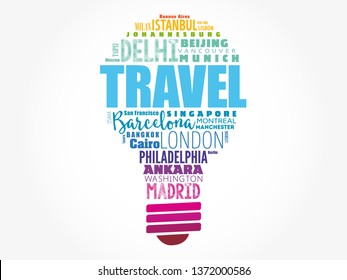 TRAVEL light bulb word cloud made with words cities names, concept background