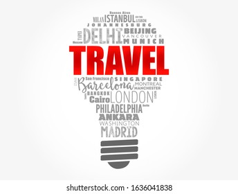 TRAVEL light bulb word cloud made with words cities names, concept background