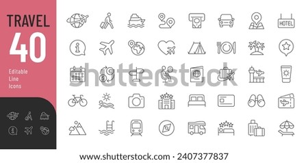 Travel Line Editable Icons set. Vector illustration in modern thin line style of tourism related icons: hotels, types of tourism, tourist transport.