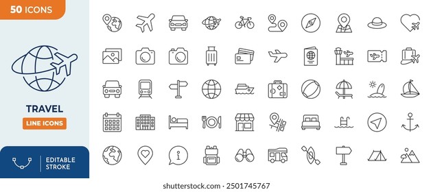 Conjunto de iconos editables de la línea de viaje. Ilustración vectorial en estilo de línea delgada moderna de iconos relacionados con el turismo: viajes, tipos de turismo, transporte turístico, ubicaciones, etc. Aislado en blanco