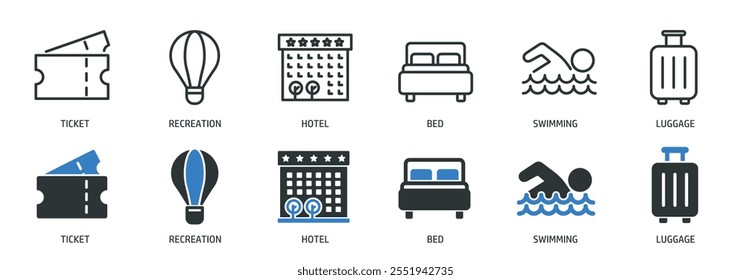 Travel line and glyph solid icons collection. Minimal icon and symbol series vector illustration