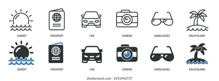 Travel line and glyph solid icons collection. Minimal icon and symbol series vector illustration