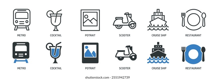 Travel line and glyph solid icons collection. Minimal icon and symbol series vector illustration