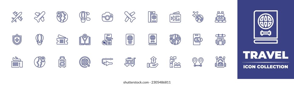 Travel line icon collection. Editable stroke. Vector illustration. Containing airplane, plane, travel, hot air balloon, camera, passport, boarding pass, fly, camping, travel insurance, plane tickets.