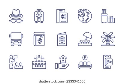Travel line icon collection. Editable stroke. Vector illustration. Containing hat, honey moon, passport, travel, luggage, bus, travel guide, island, coconut tree, tour, sunset, future, waiting room.