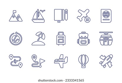 Travel line icon collection. Editable stroke. Vector illustration. Containing hiking, sailing, notebook, air plane, passport, around the world, beach, travel, backpack, cable car, route, destination.