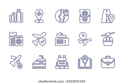 Travel line icon collection. Editable stroke. Vector illustration. Containing luggage, placeholder, travel, passport, road, travel insurance, flight time, cable car, electric train, camping, guide.