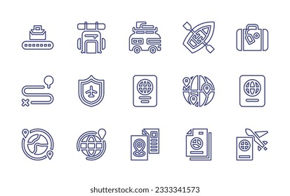Travel line icon collection. Editable stroke. Vector illustration. Containing conveyor, backpack, van, boat, suitcase, direction, travel insurance, passport, travel, around the world, travel guide.
