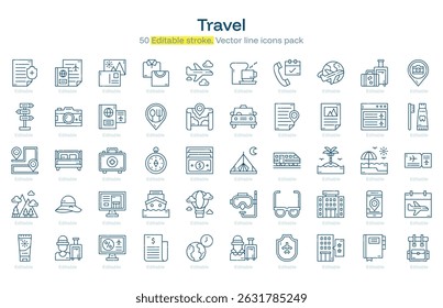Travel line icon pack. Travel Stroke icon set. Editable Stroke icon