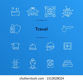 Travel line icon set. Camper, globe, hotel, flight. Vacation concept. Can be used for topics like trip, journey, service