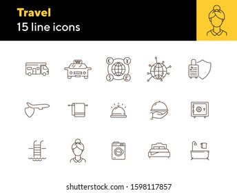 Travel line icon set. Camper, globe, hotel, flight. Vacation concept. Can be used for topics like trip, journey, service