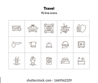 Travel line icon set. Camper, globe, hotel, flight. Vacation concept. Can be used for topics like trip, journey, service