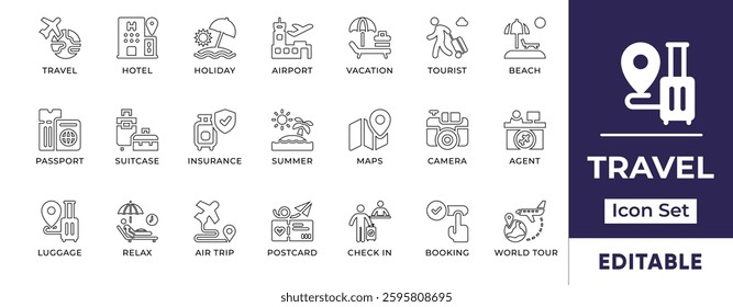 Travel Line Icon Set. Features editable icons for travel, tourism, vacation, holiday, airport, hotel, luggage, passport, and more. Perfect for travel agencies, tourism websites, and travel bloggers.