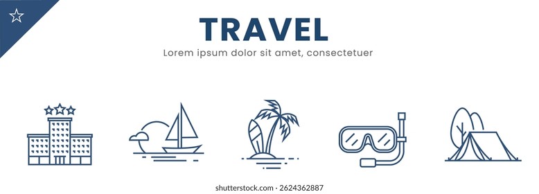 Travel line Icon Set . Landmark, holiday, vacation, hotel, location, globe . Vector Illustration.	