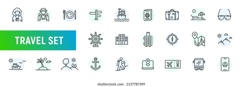 Travel line icon set tourism suitcase vector map symbol. Travel summer vacation camera bus transport, nature icon