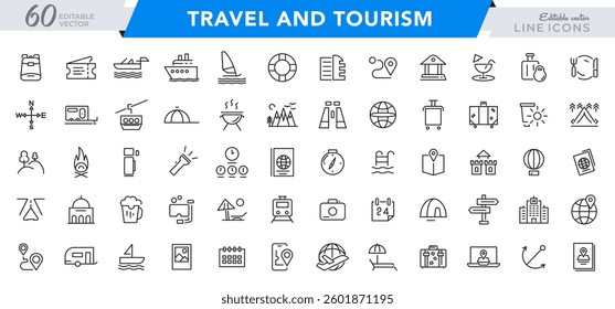 Travel line icon set. Tourism, map pin, summer, destination, trip, toure, directions, distance, place, ticket, beach, summer, navigation line icon set. Ui thin line icon pack