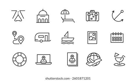 Travel line icon set. Tourism, map pin, summer, destination, trip, toure, directions, distance, place, ticket, beach, summer, navigation line icon set. Ui thin line icon pack