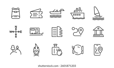 Travel line icon set. Tourism, map pin, summer, destination, trip, toure, directions, distance, place, ticket, beach, summer, navigation line icon set. Ui thin line icon pack