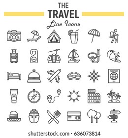 Conjunto de iconos de línea de viaje, colección de símbolos turísticos, bocetos vectoriales de transporte, ilustraciones del logotipo, paquete de pictogramas lineales aislado en fondo blanco, eps 10.