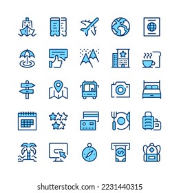 Travel line icons. Blue color. Vector line icons set