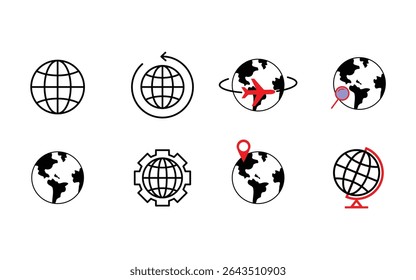 Travel Line Icons. Editable vectors. Contains such icons as Globe, Flight, Map, Outdoors, Dining, Vacation, Tourist.