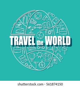 Travel line icons in globe shape. Travel the world - vector illustration concept for cover card, brochure or magazine, invitation background. Tourism business element