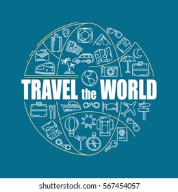Travel line icons in globe shape. Travel the world - vector illustration concept for cover card, brochure or magazine, invitation background. Tourism business element