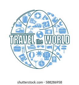 Travel line icons in globe shape. Travel the world - vector illustration concept for cover card, brochure or magazine, invitation background. Tourism business element.
