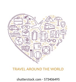 Travel line icons in heart shape. I love travel - vector illustration concept for cover card, brochure or magazine, invitation background. Tourism business element.
