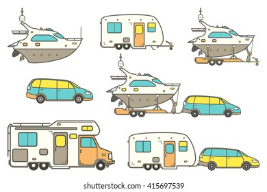 Travel Line Icons. Minivan, Family Car. Vector Camping Car. Caravan Truck Icon. Camper Van Line Illustration. Camper Trailer. Trailer Boat. Pleasure Boat.  Yacht Icon. Isolated On A  White Background.