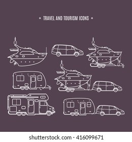 Travel line icons. Minivan, family car. Vector camping car. Caravan truck icon. Camper van line illustration. Camper trailer. Trailer boat. Pleasure boat. Yacht icon. Vector line set.