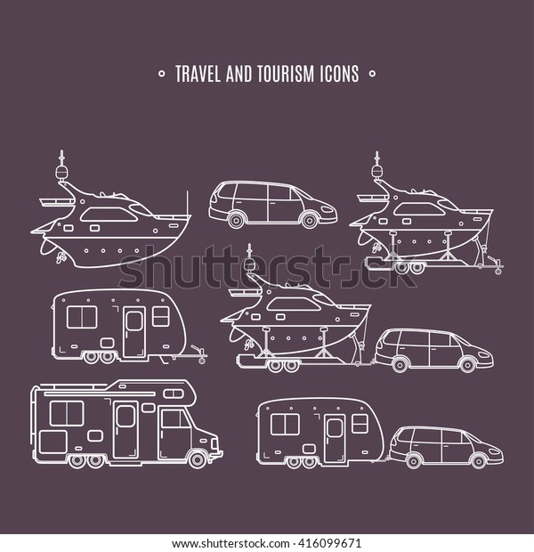 Travel line\
icons. Minivan, family car. Vector camping car. Caravan truck icon.\
Camper van line illustration. Camper trailer. Trailer boat.\
Pleasure boat. Yacht icon. Vector line\
set.
