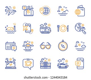 Travel line icons. Passport, Luggage, Check in airport icons. Airplane flight, Sunglasses, Hotel building. Passport check in document, Sea diving. Restaurant hotel food, luggage travel. Vector
