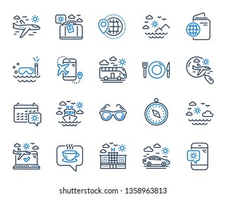 Travel line icons. Passport, Luggage, Check in airport icons. Airplane flight, Sunglasses, Hotel building. Passport check in document, Sea diving. Restaurant hotel food, luggage travel. Vector