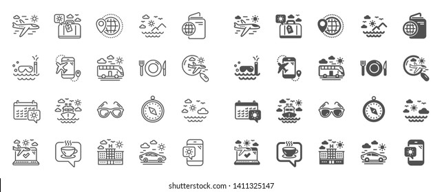 Travel line icons. Passport, Luggage, Check in airport icons. Airplane flight, Sunglasses, Hotel building. Passport check in document, Sea diving. Restaurant hotel food, luggage travel. Vector