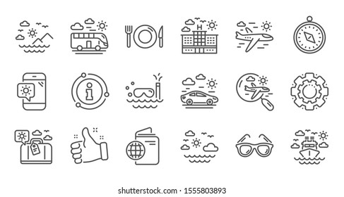 Travel line icons. Passport, Luggage and Check in airport. Sunglasses linear icon set. Quality line set. Vector