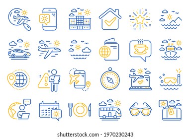 Travel line icons. Passport, Luggage, Check in airport icons. Airplane flight, Sunglasses, Hotel building. Passport check in document, Sea diving. Restaurant hotel food, luggage travel. Vector