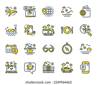 Travel line icons. Passport, Luggage, Check in airport icons. Airplane flight, Sunglasses, Hotel building. Passport check in document, Sea diving. Restaurant hotel food, luggage travel. Vector