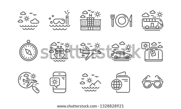 Travel line icons. Passport,\
Luggage and Check in airport. Sunglasses linear icon set. \
Vector