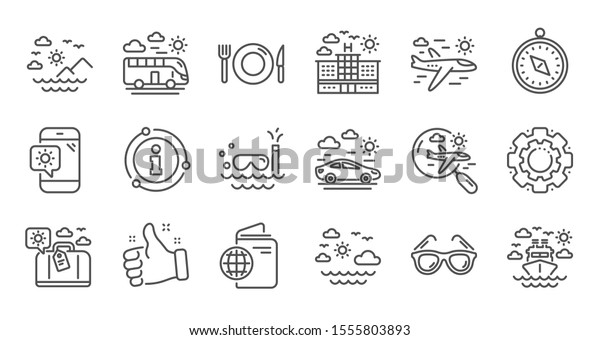 Travel line\
icons. Passport, Luggage and Check in airport. Sunglasses linear\
icon set. Quality line set.\
Vector